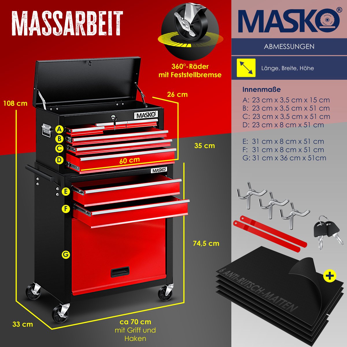Masko® Werkplaatswagen - Gereedschapswagen - 9 vakken - Rood