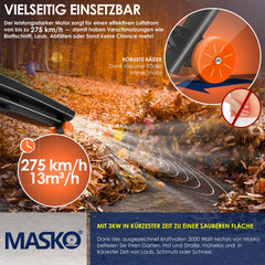 MASKO 3in1 Bladblazer - Bladzuiger 3000W - 45L opvangzak - Oranje