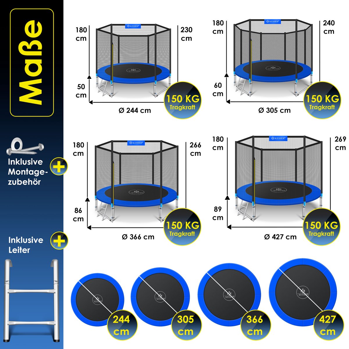 KESSER® Trampoline 366 cm - Veiligheidsnet en Ladder - tot 150 kg belasting - Blauw