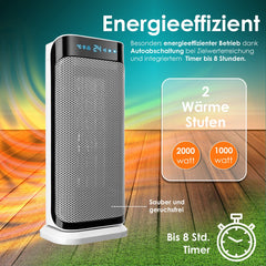 KESSER® Ventilatorkachel 2000W Elektrische Kachel met Afstandsbediening - Keramische Heater met LED Display - Elektrische Verwarming energiezuinig 10-35°C Verwarmer met Oscillatiefunctie en Timer 2 Staanden - Zilver