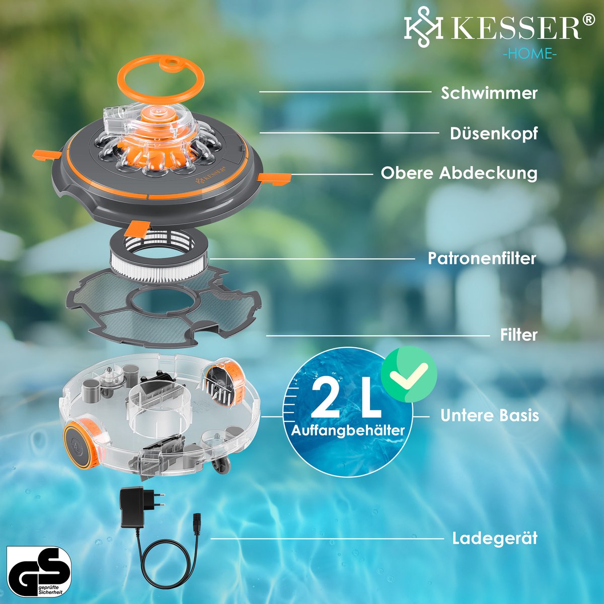 KESSER® Zwembadrobot accu Aqua-9000 incl. transporttas, Stofzuiger voor zwembaden tot 80m², Li-Ion accu max. 75 min, Zwembadreiniger snoerloze zwembadstofzuiger vloerreiniging volautomatische vloerstofzuiger - Oranje