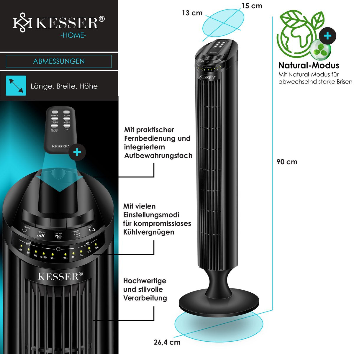 KESSER® Torenventilator - Fluisterstil - Oscillatie - Zwart •