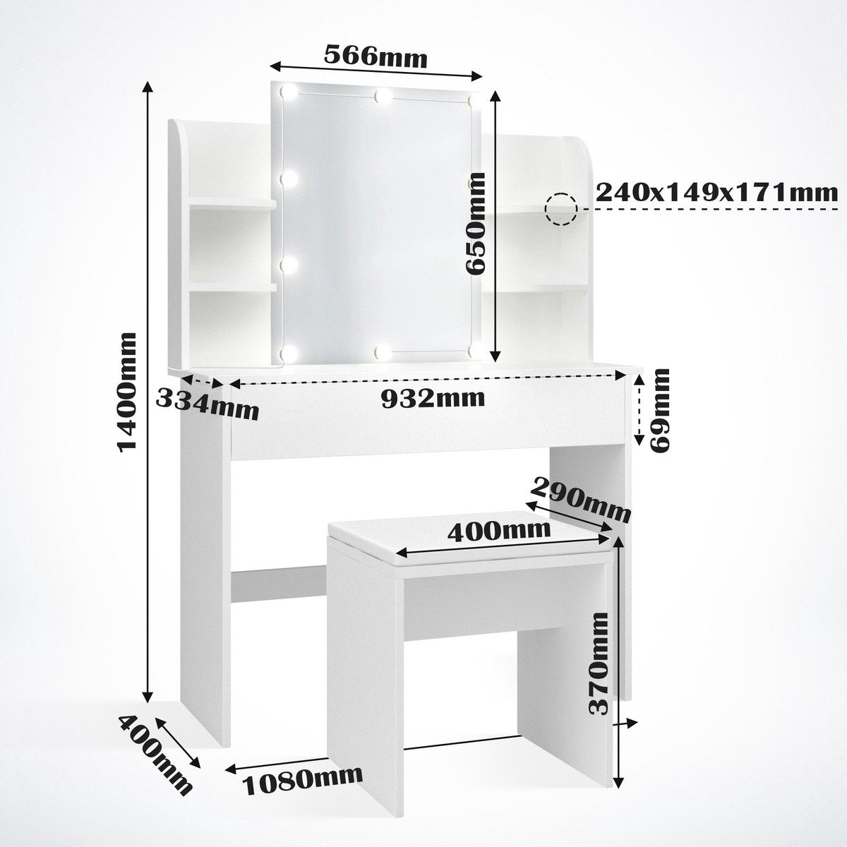 MIADOMODO® kaptafel, verlichting, kruk, spiegel, cosmetica tafel, wit •