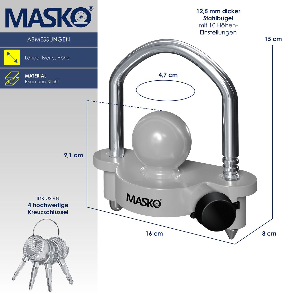 MASKO® Disselslot - Koppelingsslot - Aanhangwagenslot - Grijs