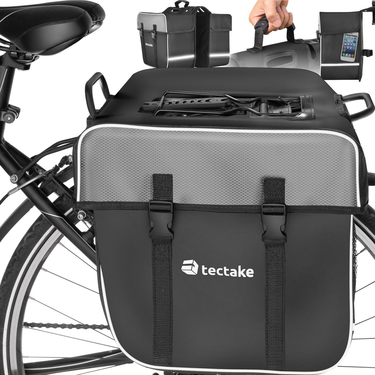 tectake® Fietstassen met reflectorstrepen - Bagagedragertas voor fiets of e-bike, 35 L - Waterafstotend PVC - dubbele tas met reflecterende strips en draaggreep - Zwart/grijs