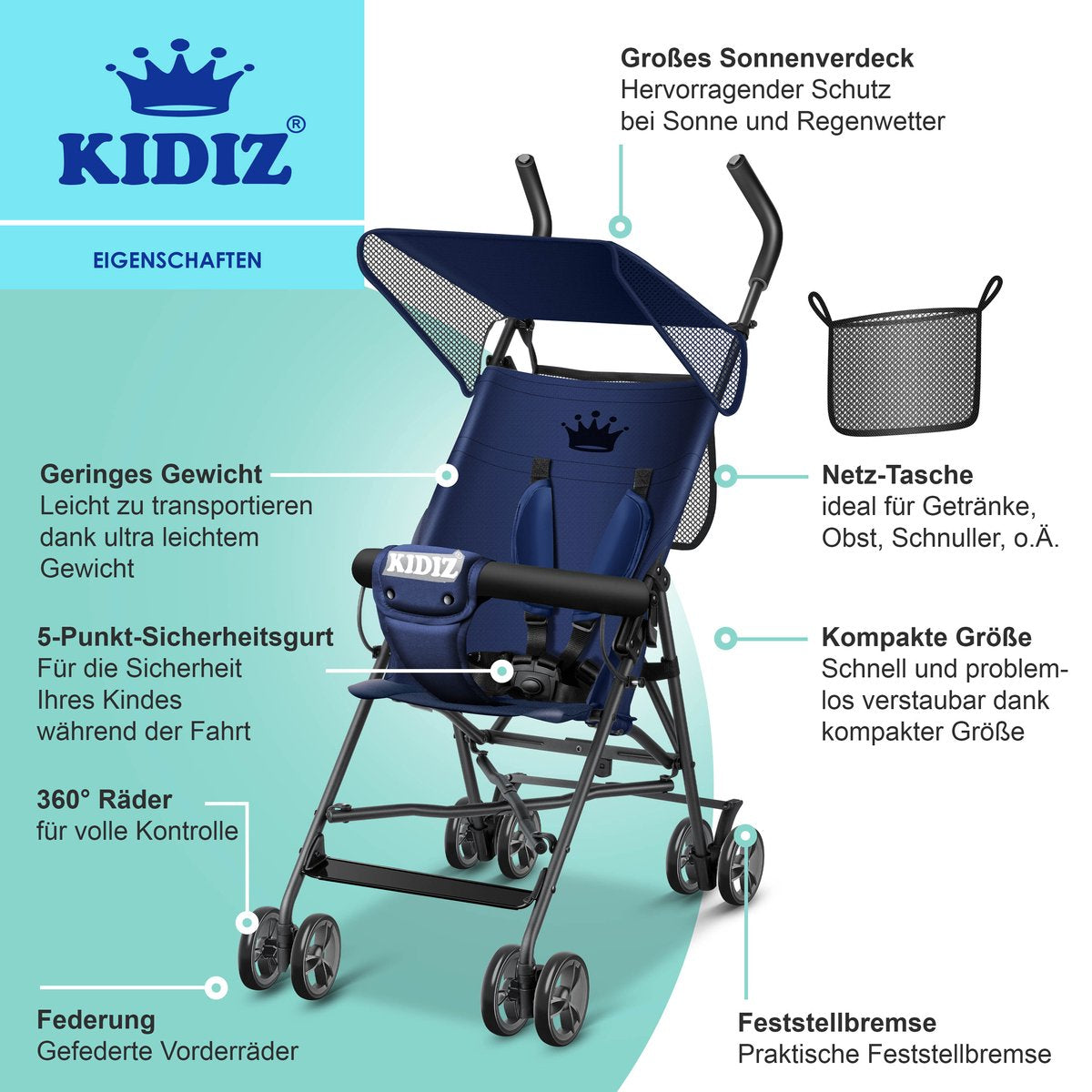 KIDIZ® Kinderwagen - Wandelwagen - Kinderbuggy - Blauw