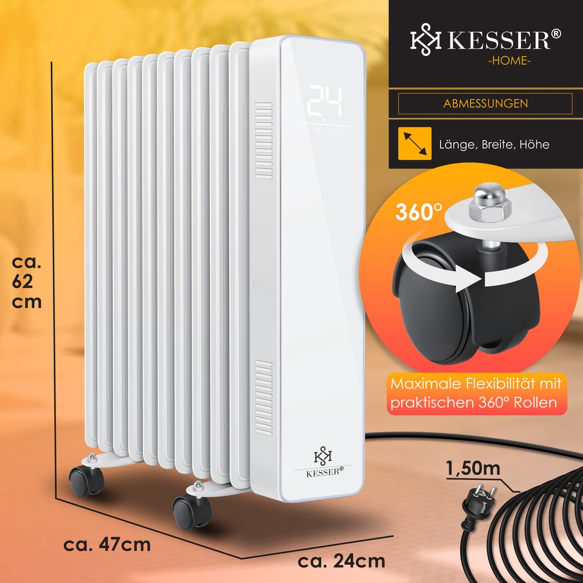 KESSER® Olieradiator - Oliegevulde Radiator 2500W - Elektrische Kachel Energiebesparing met Thermostaat - Touchscreen LED Display WiFi App & Afstandsbediening Electrische Verwarming - Wit