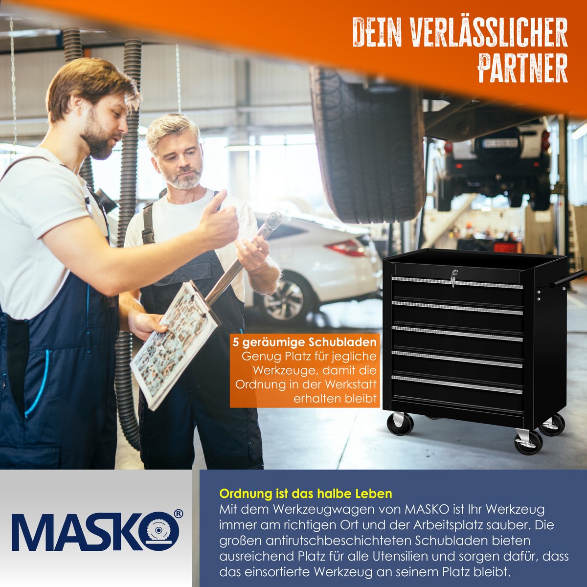 Masko® Werkplaatswagen - Gereedschapswagen - 5 vakken - Zwart •