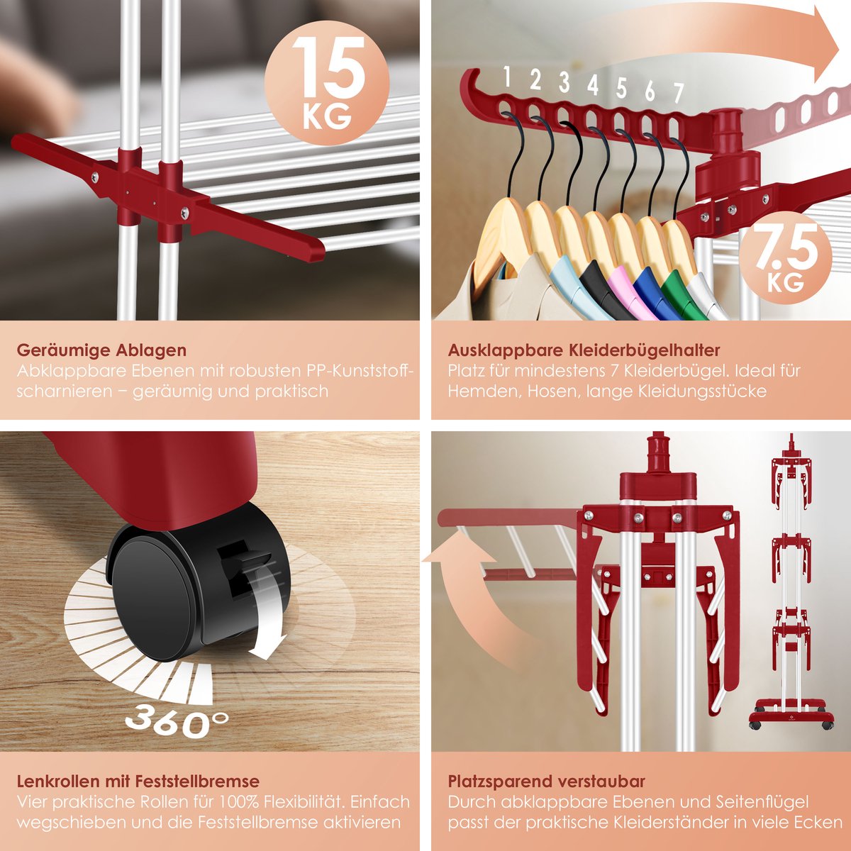 KESSER® Droogrek inklapbaar - Wasrek - Wit / Rood