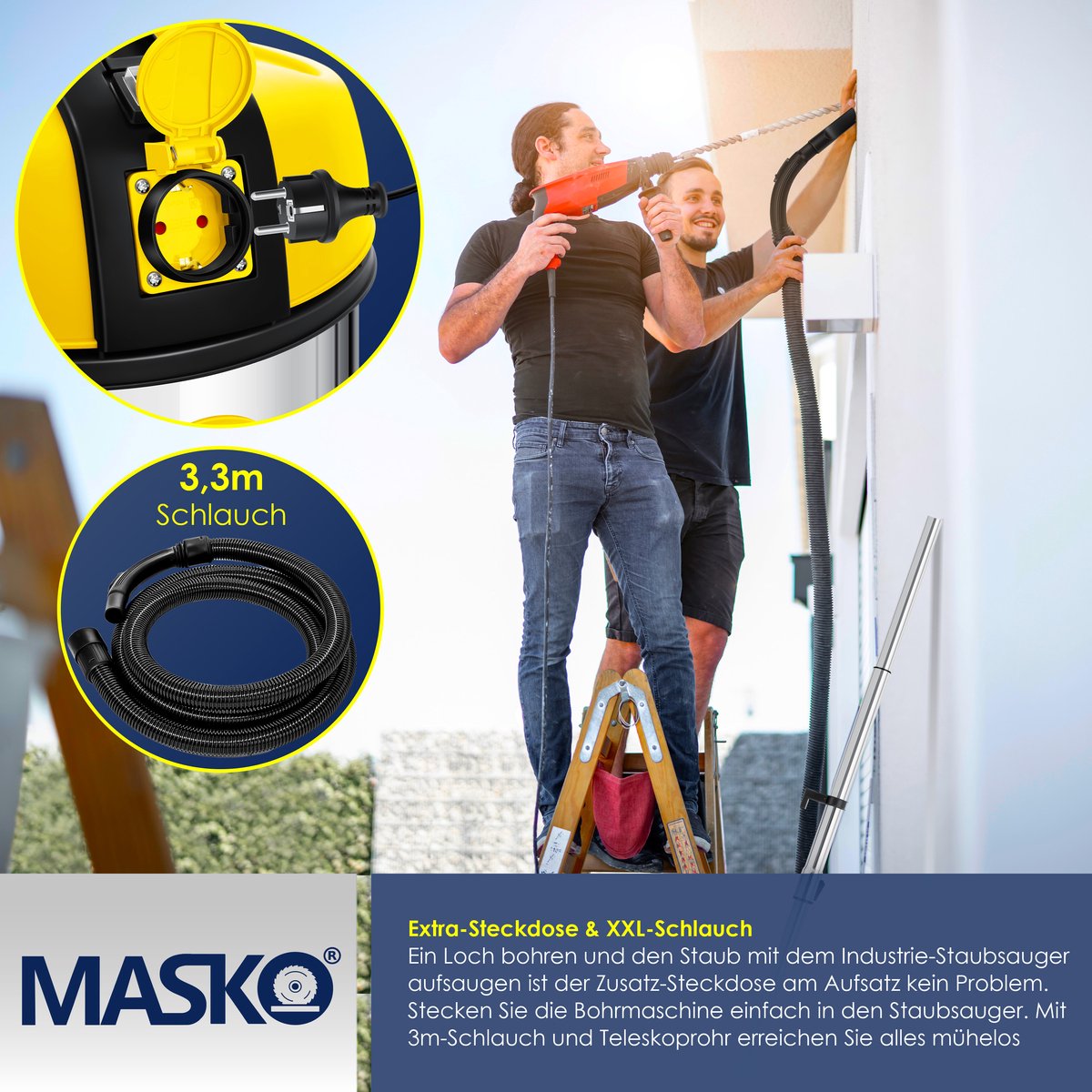 MASKO® Industriële stofzuiger 2300W - Droog- & Natzuigen - Geel