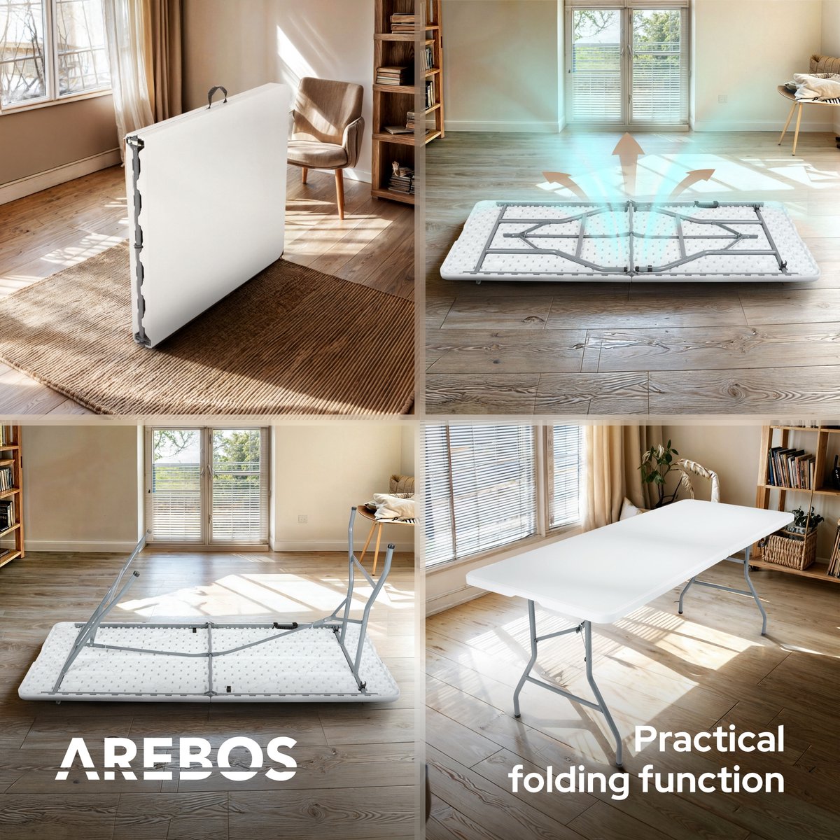 AREBOS Klaptafel - Inklapbare tafel - Campingtafel - Vouwtafel - Weerbestendig - Wit - 182 × 74 × 74 cm - 8 personen