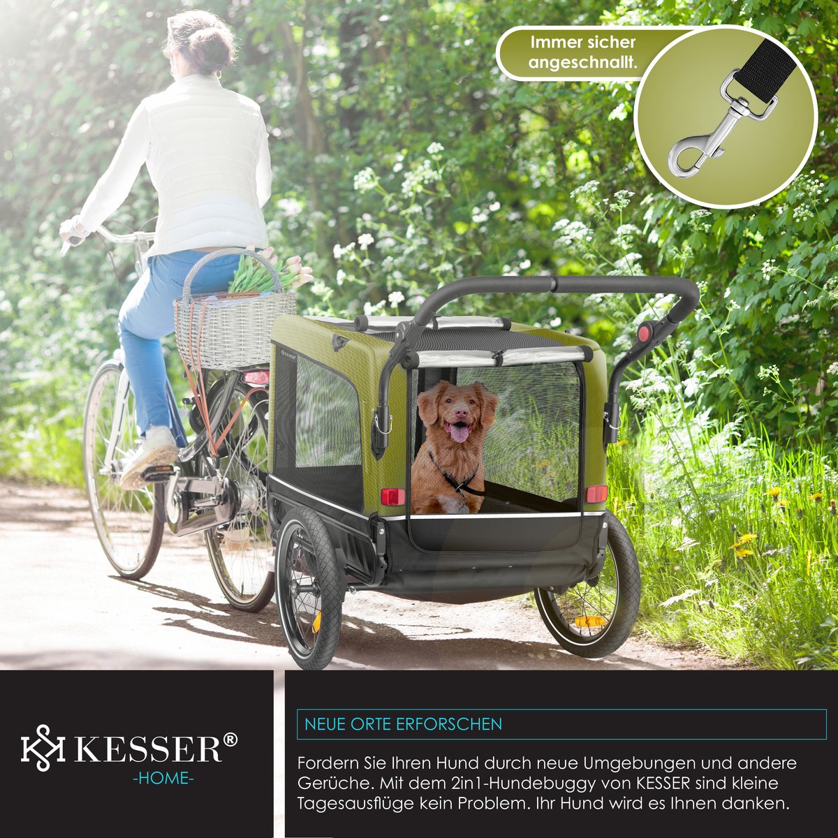 KESSER® Hondenfietskar tot 40 kg 3in1 Hondenbuggy - Fietskar Hond Jogger - Khaki