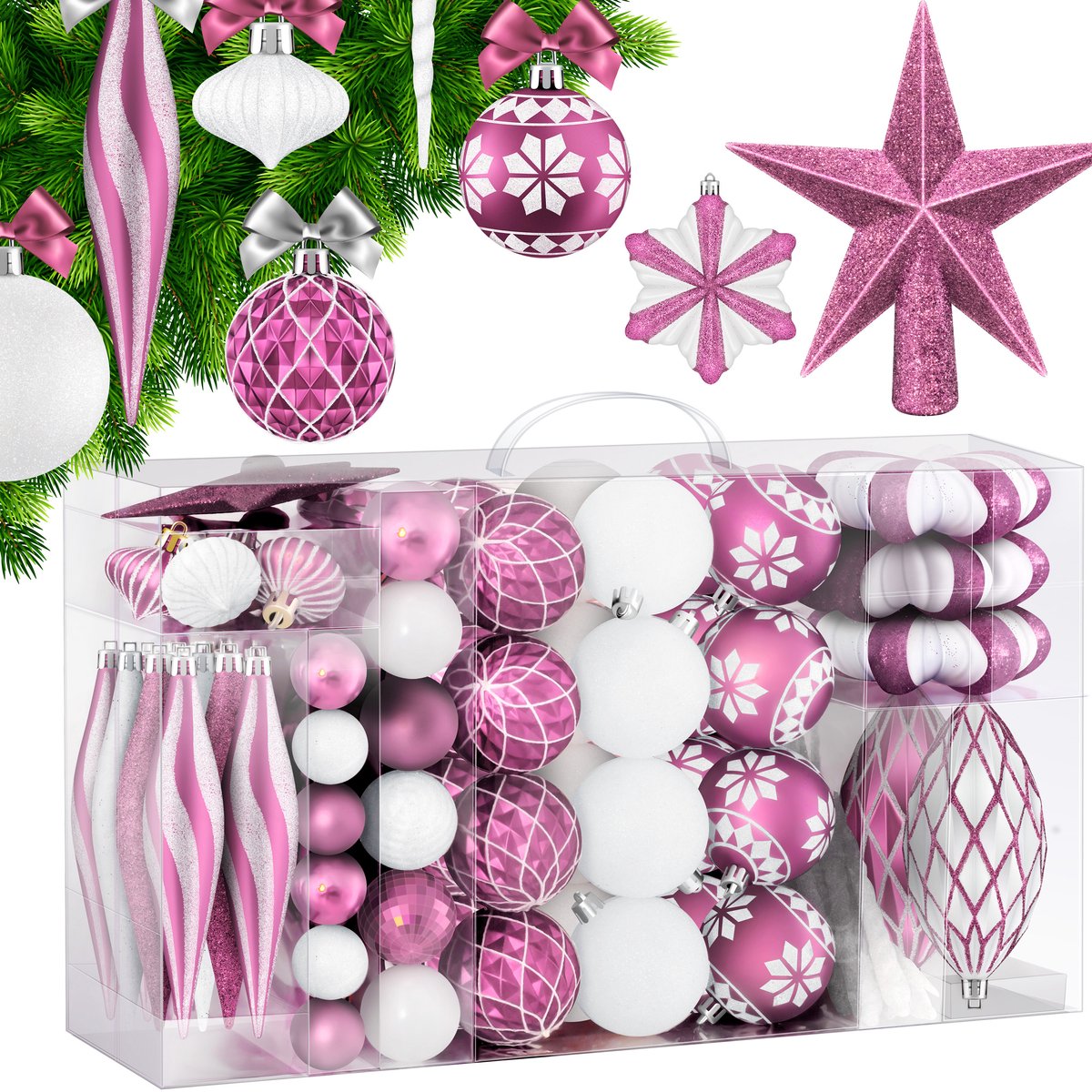 KESSER® Kerstballen 105-delige Kerstversiering Set - Kerstboomversiering met Plastic Doos voor Kerstboom Kerstballen Kerstdecoratie - Roze / Wit