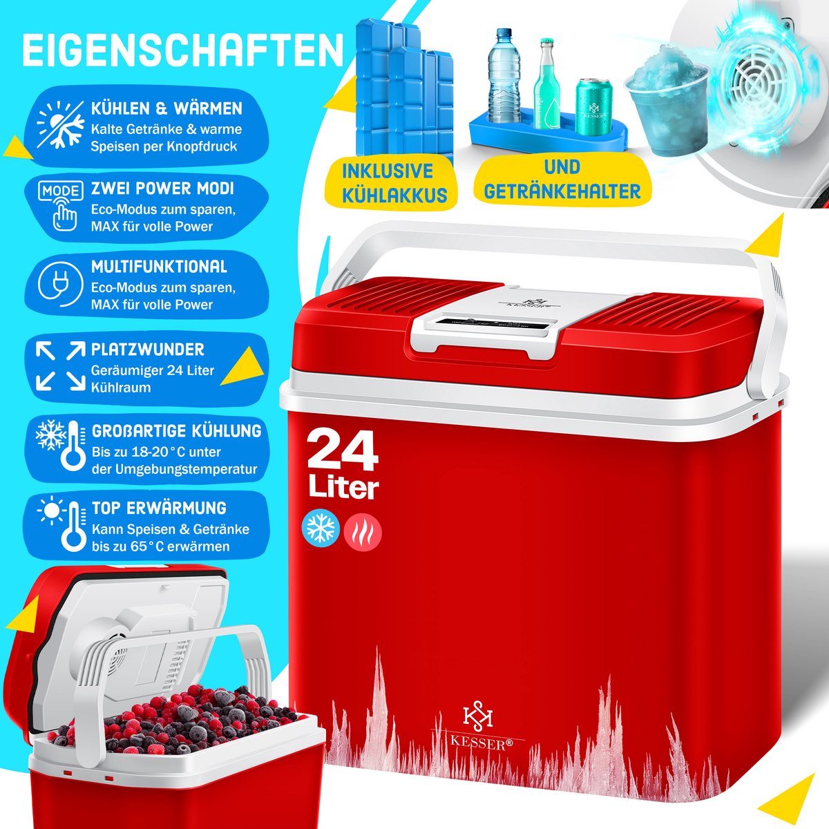 KESSER® Thermo-Elektrische Koelbox – 24L – 12V/230V – Rood •