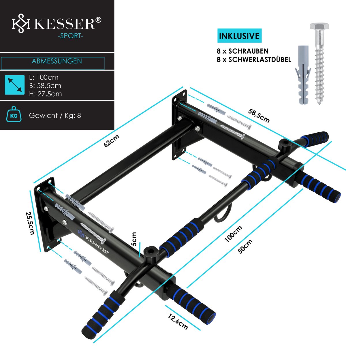 KESSER® Pull up bar - Optrekstang - Wandmontage - Blauw