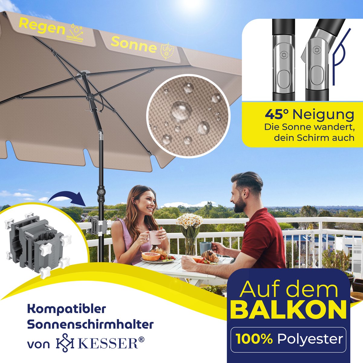 KESSER® Stokparasol Inclusief Beschermhoes & Draagtas 200 × 125cm - Parasol voor Balkon, Tuin & Terras Tuinparasol Strandparasol - Taupe