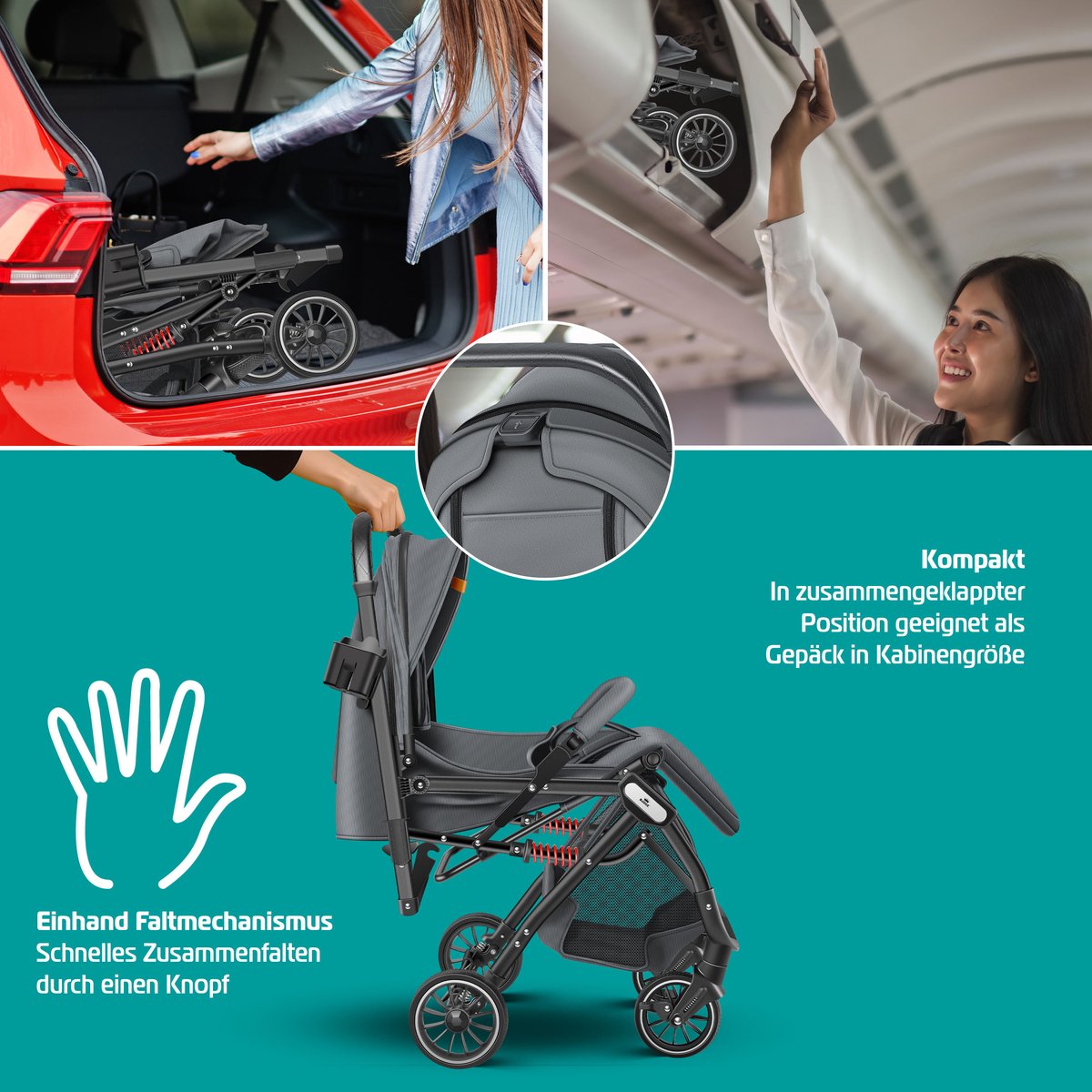 KIDIZ® Buggy 3 in 1 Kinderwagen Inklapbaar met voetenzak Baby Plooibuggy Wandelwagen inclusief Bekerhouder, regenhoes & klamboe Reisbuggy - Antraciet / Zwart