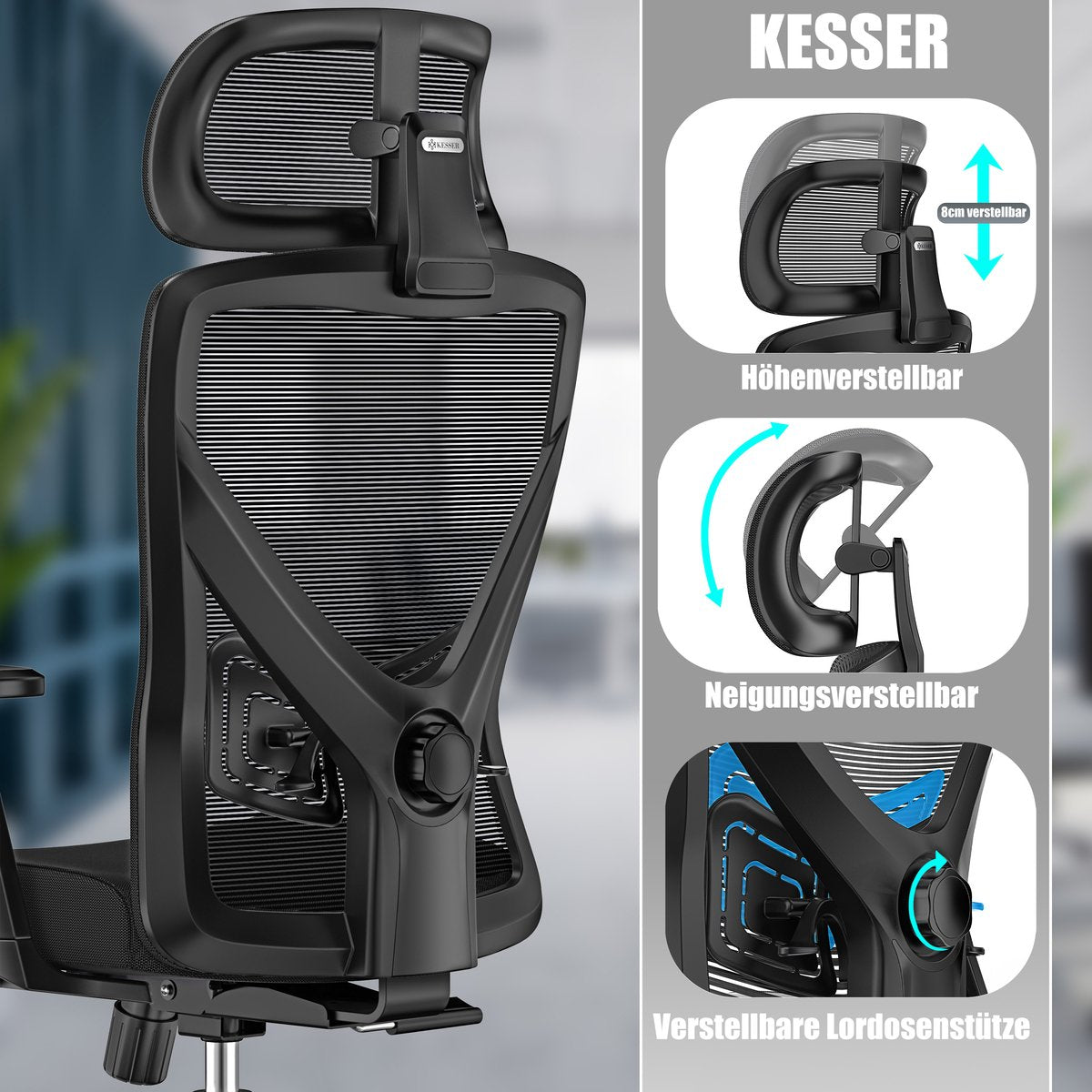 KESSER® Bureaustoel | Ergonomische Bureaustoelen voor Volwassenen | verstelbare rugleuning | in hoogte verstelbaar | Hoofdsteun & Lendensteun | office Chair met 5x rubberen wielen - Zwart / Zilver