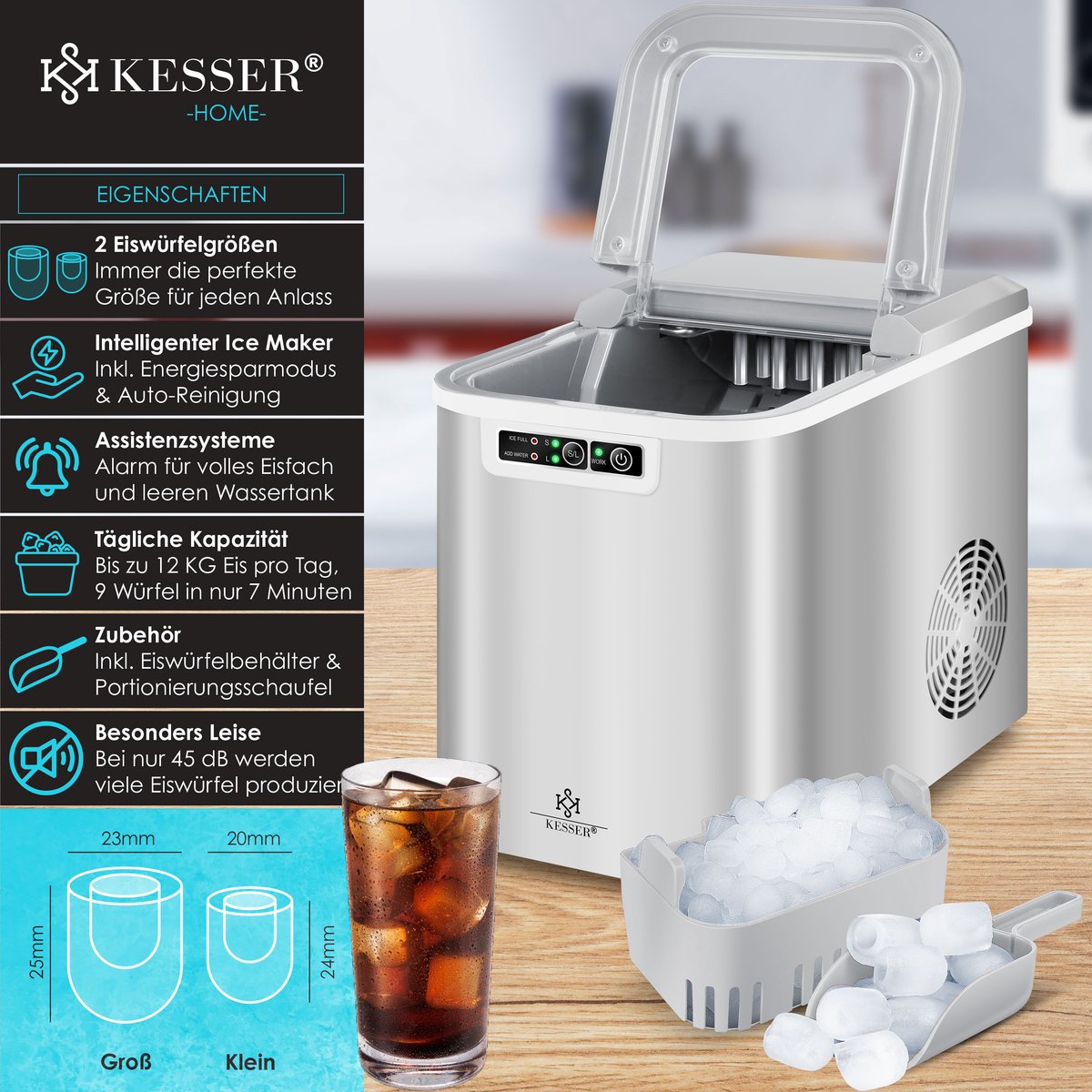 KESSER® Ijsblokjesmaker - Ijsblokjesmachine -12kg/24 uur - RVS - Zilver •