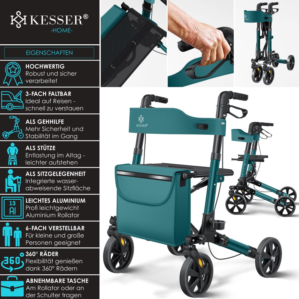 KESSER - Lichtgewicht Rollator - Dubbel Opvouwbaar - Groen