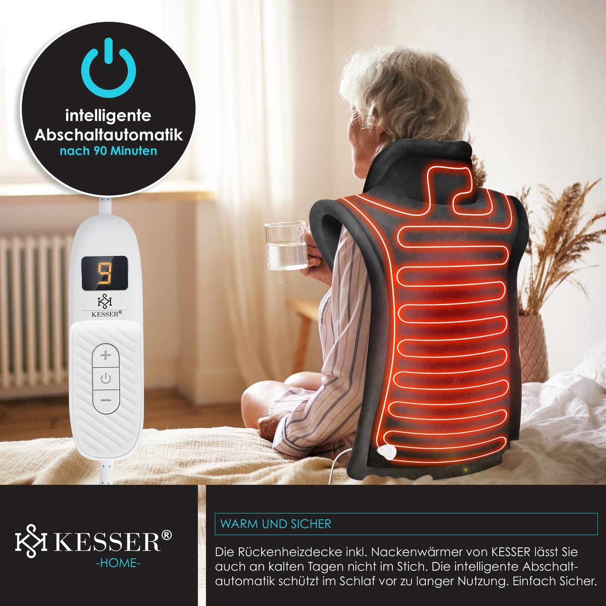 KESSER® Warmtekussen voor Rug, Nek en Schouders - Elektrische Verwarmingskussen met Afstandsbediening, Automatische Uitschakeling, 9 Warmte Standen, 89x65cm - Antraciet