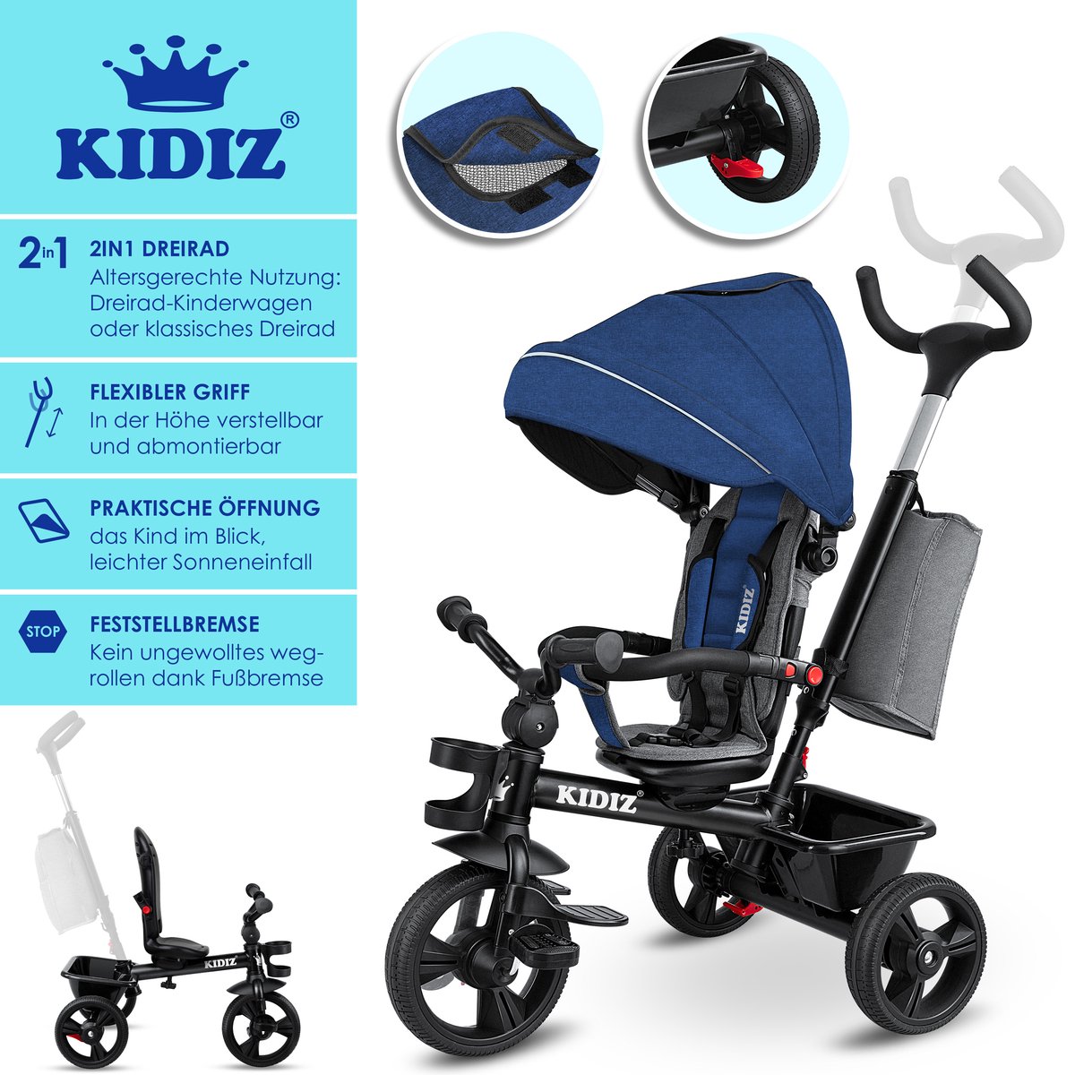 KIDIZ® 5in1 Kinderfiets - Loopfiets - Driewieler - Blauw
