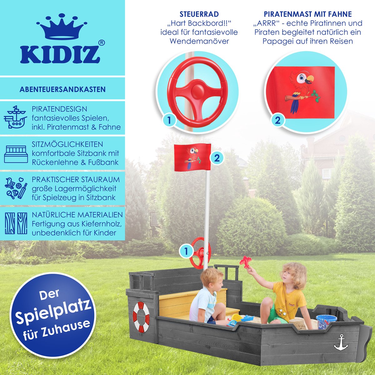KIDIZ® Zandbak piratendesign - Met bankje - Antraciet