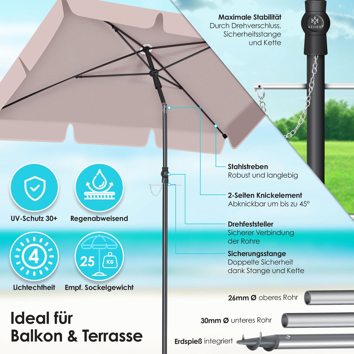 KESSER® Stokparasol Inclusief Beschermhoes & Draagtas 200 × 125cm - Parasol voor Balkon, Tuin & Terras Tuinparasol Strandparasol - Taupe