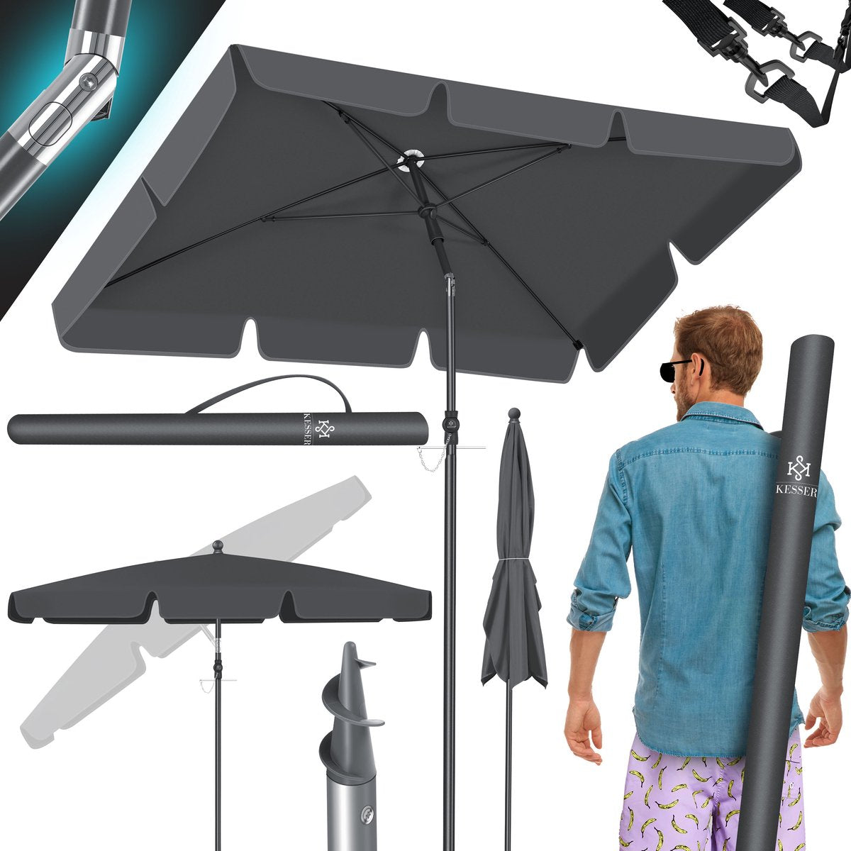 KESSER® Parasol LED Solar - Verstelbaar - Buigbaar - Antraciet