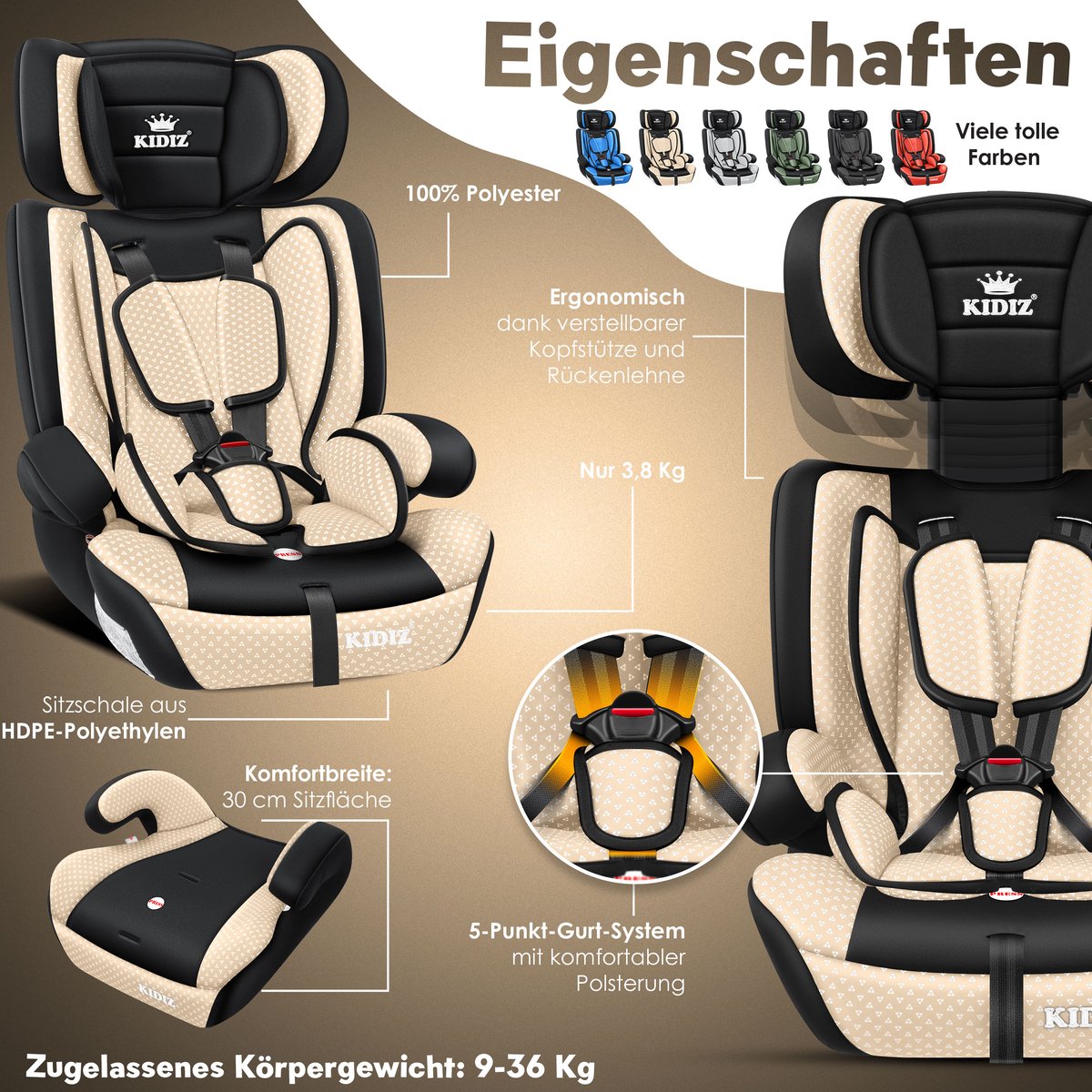 KIDIZ® Autostoeltje - 5-punts veiligheidsgordel - Beige