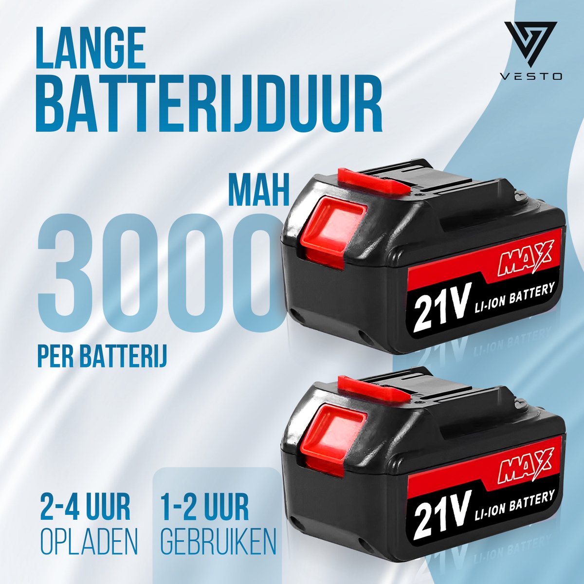 Vesto® Accu Decoupeerzaag – 21V Li-Ion – Variabele Snelheid – Zaagdiepte 65 mm – Incl. 2 Accu’s, Zaagbladen & Koffer – Draadloos – Voor Hout, Metaal & Kunststof