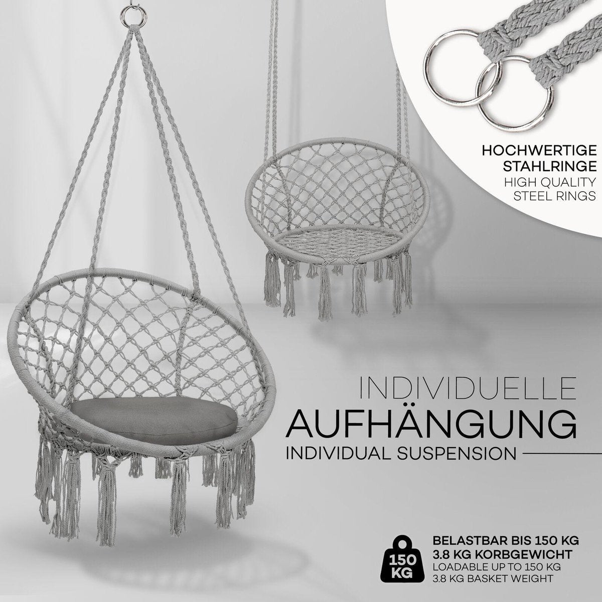 Hangstoel - Binnen & Buiten - Hangschommel - Tot 150kg - Grijs - Tillvex®