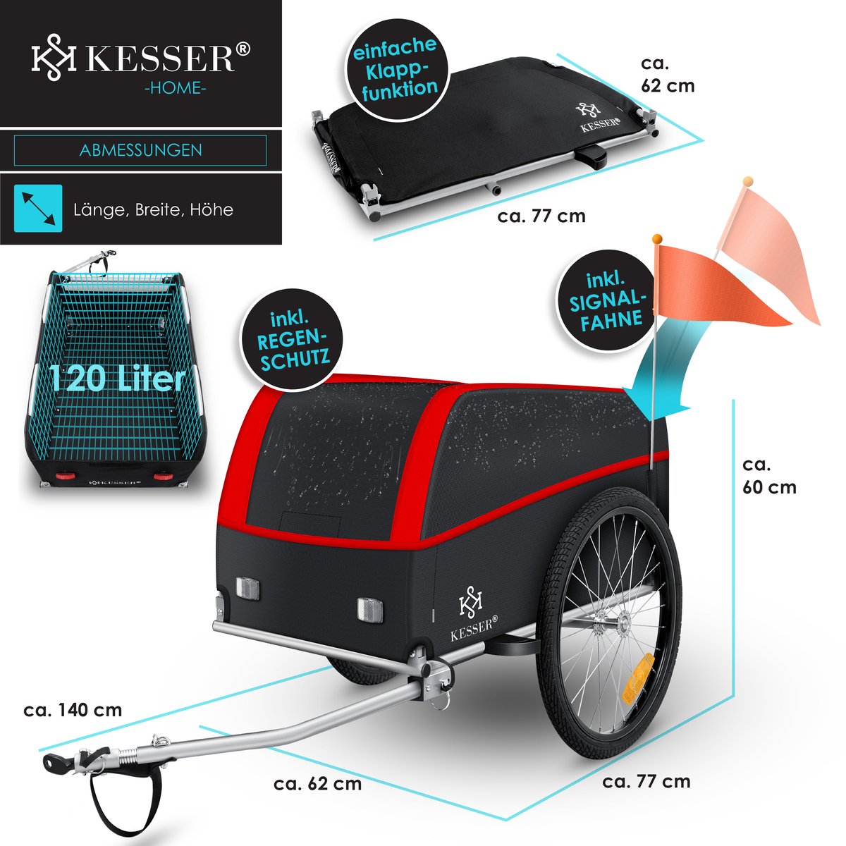 KESSER® Fietskar - Fietsaanhanger - Rood / Antraciet