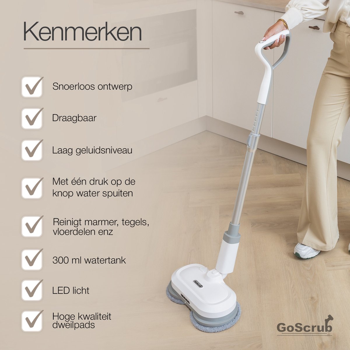 GoScrub® Elektrische Dweil - Draadloos - Vloerreiniger voor Harde en Houten Vloeren - Stille en Wendbare Mop - Efficiënt Dweilsysteem met Oplaadbare Accu