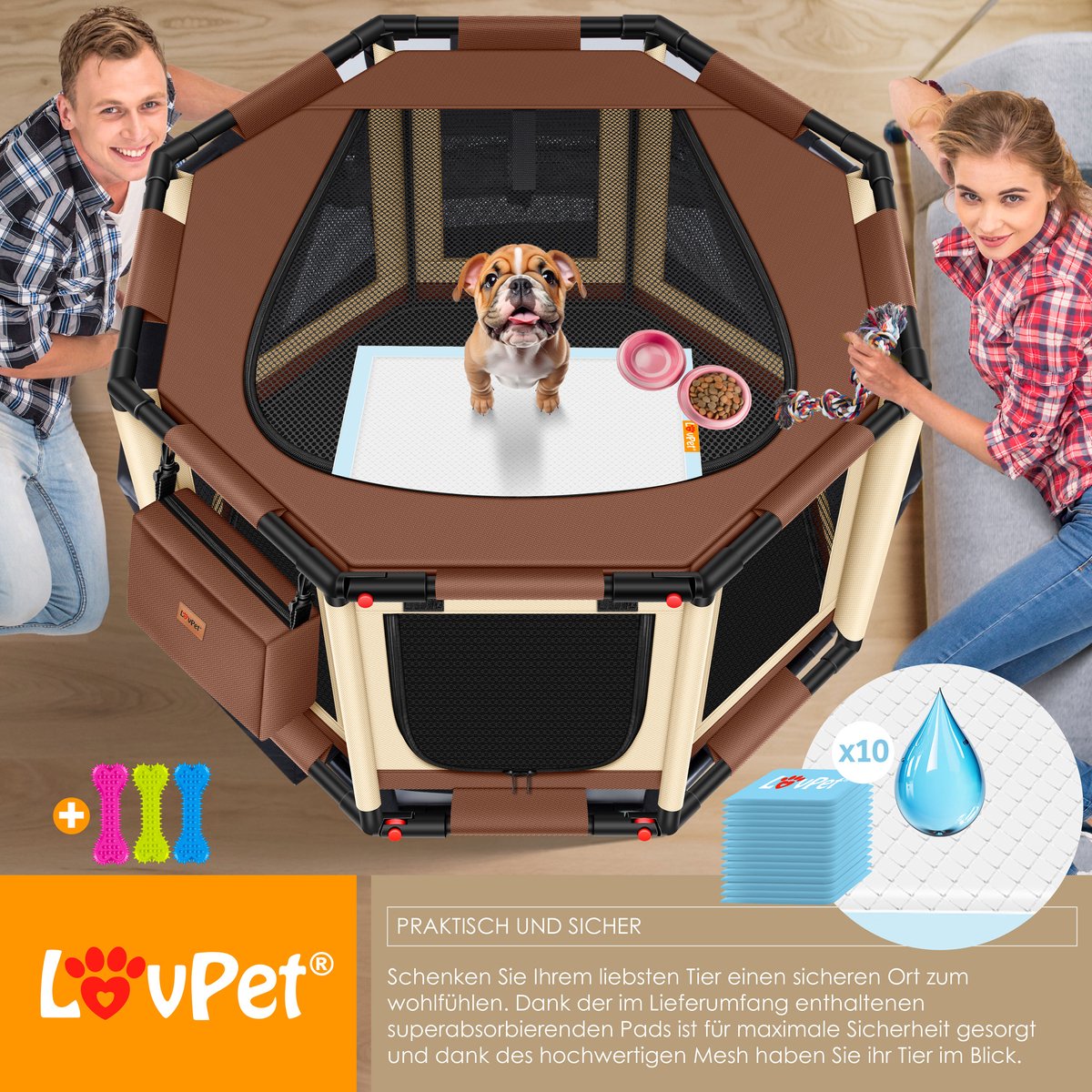 LOVPET® Puppyren - Hondenren - 72x72x43cm - Bruin