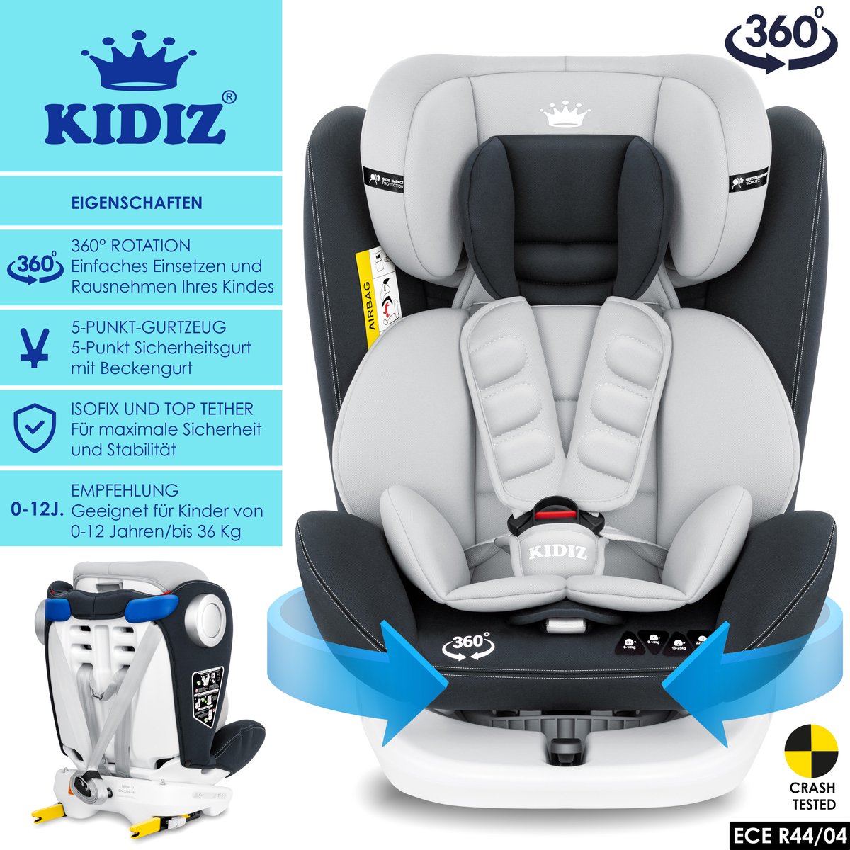 KIDIZ® Autostoeltje Isofix - 360° draaibaar - Antraciet