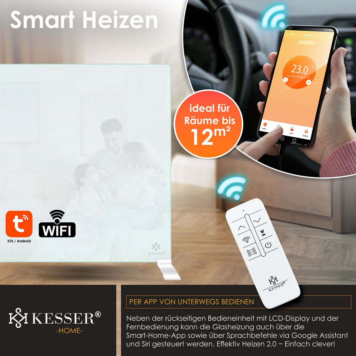 KESSER® Infrarood Kachel 500W Elektrische Verwarmingspaneel - Infraroodverwarming Energiebesparing 2-in-1 Staande & Muurmontage Verwarming met Thermostat + open raam detectie + Afstandsbediening & APP-bediening - Wit
