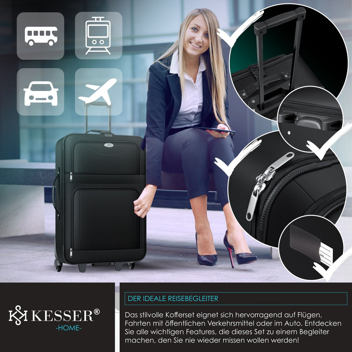 KESSER® Reiskofferset - 4-delig - Trolley - Kofferset - Zwart