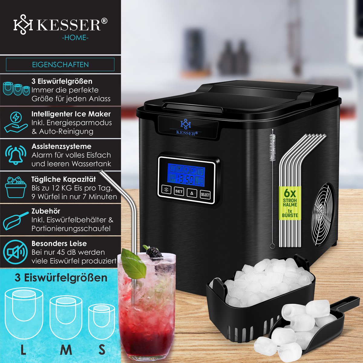 KESSER® Ijsblokjesmaker - Ijsblokjesmachine -12kg/24 uur - RVS - Zwart •