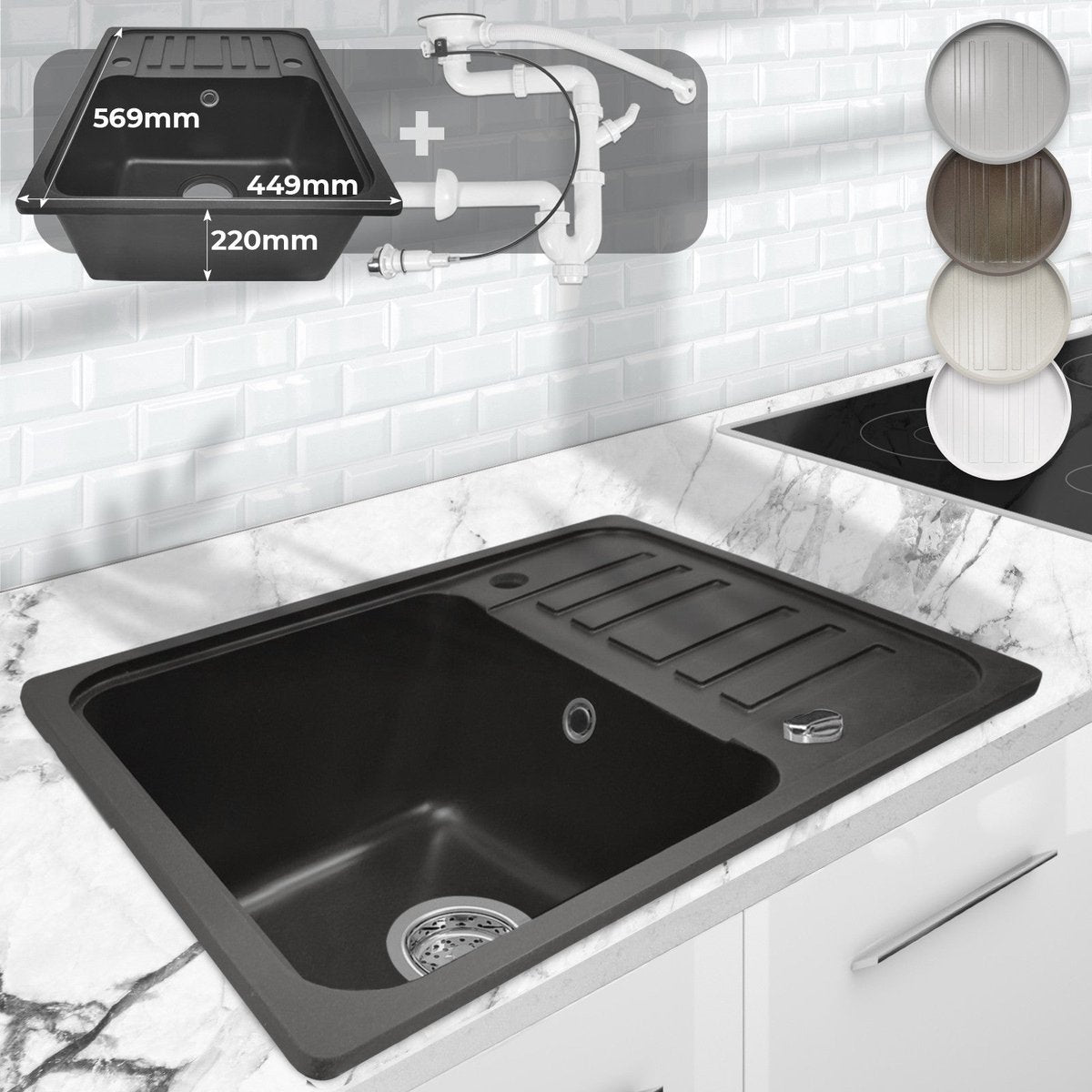 Aquamarin Spoelbak - Wasbak - Graniet - Keuken - Afdruipoppervlak - 32 x 19 x 39 cm - Zwart