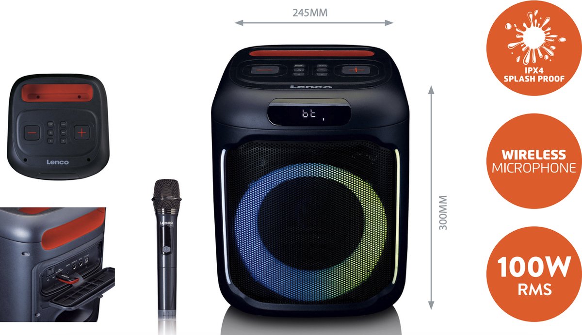 Lenco PA-KING - Draadloze Bluetooth Party Speaker - Met Verlichting en Microfoon - Zwart •