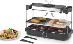 Trebs 15100 Gourmetstel - 5-in-1 kookcombinatie - Automatische afzuigkap verwijdert actief kookgeuren - Steengrill, Grill, Teppanyaki, Raclette en Gourmet - Inclusief 8 pannen en spatels - RVS-Zwart •