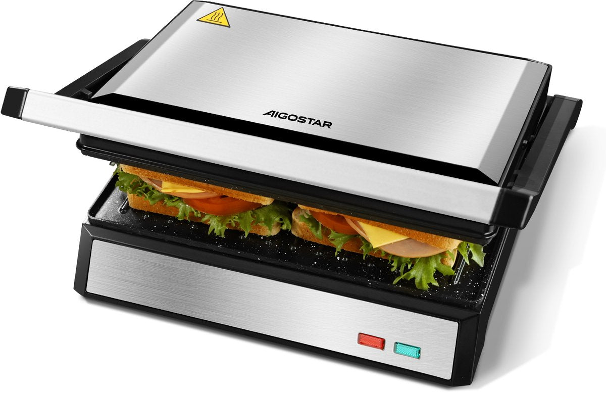 Aigostar Contactgrill - Panini Grill - 1500W - RVS/Zwart