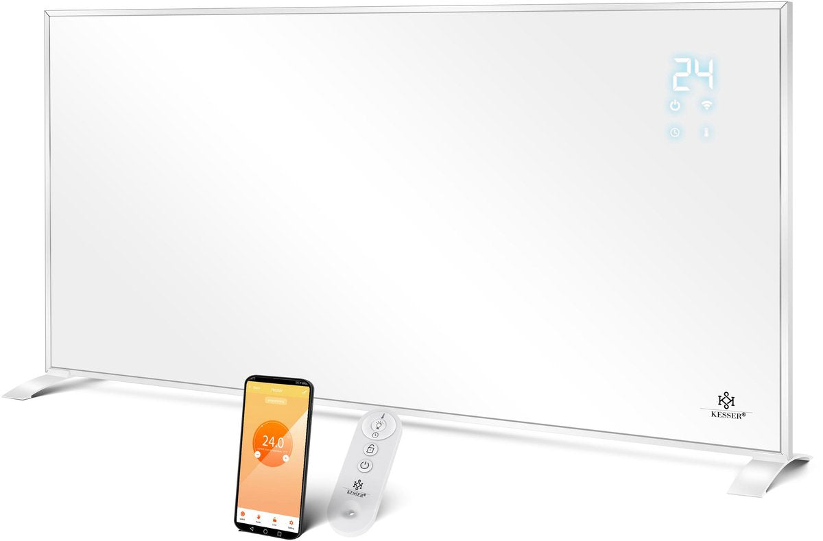 KESSER® Infrarood Verwarmingspaneel Energiebesparing Elektrische Kachel Vrijstaand & Wandmontage met Thermostaat & App Control - Paneelradiator Elektrische Verwarming Paneel - Convector Standvoeten - Wit / 700W