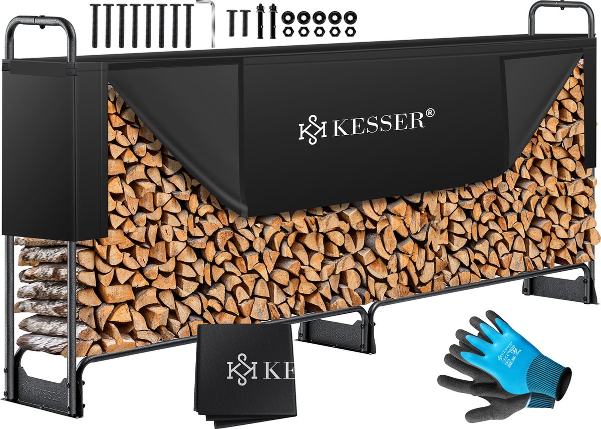 KESSER® Houtopslag voor Buiten - Metaal Houtrek 200kg Haardhout Opslag - Brandhout Rek met Stalen Frame + Afdekking & Handschoenen, Waterdichte Brandhoutrek Haardhoutrek - 260x36x117cm