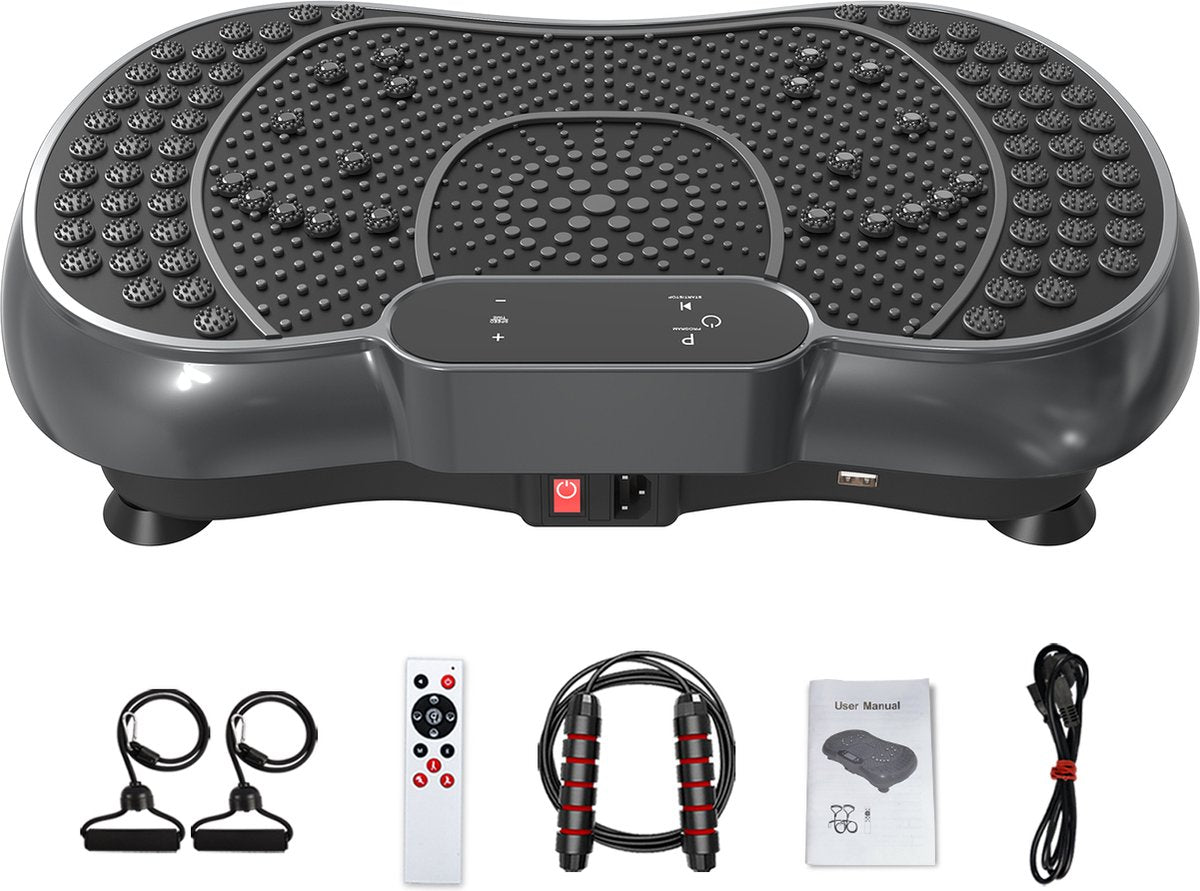 Trilplaat met stille motor + Bluetooth - 99 trilniveaus + 15 trainingsprogramma's - met afstandsbediening - antislip - full body workout, vet verliezen - incl. trainingsbanden - Zwart