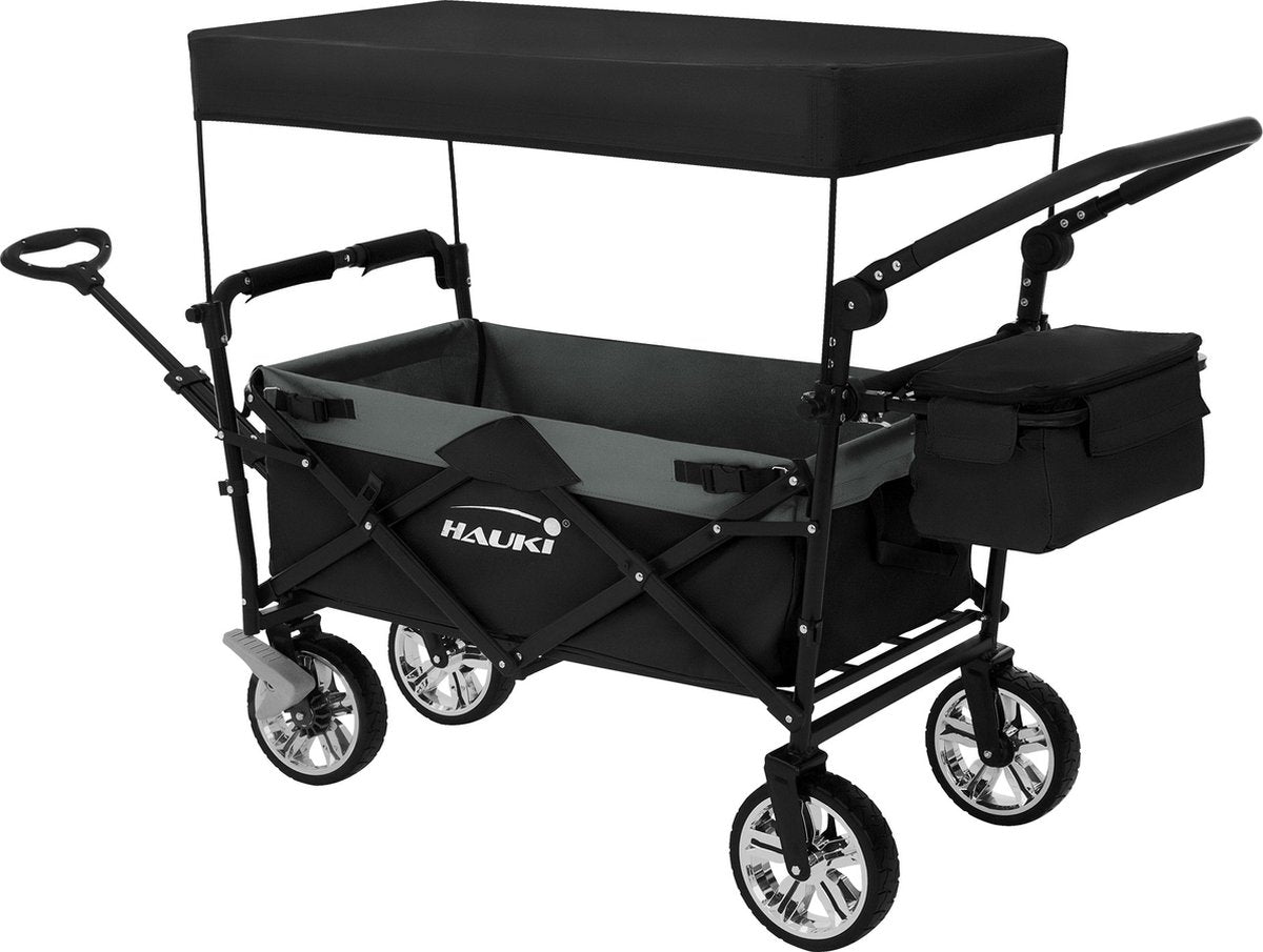 Hauki Bolderkar XXL, opvouwbaar, met dak en tas, zwart/grijs, handwagen, inklapbaar, om te duwen en te trekken, transportwagen voor kinderen, 360° draaibare voorwielen, PU-wielen met remmen •