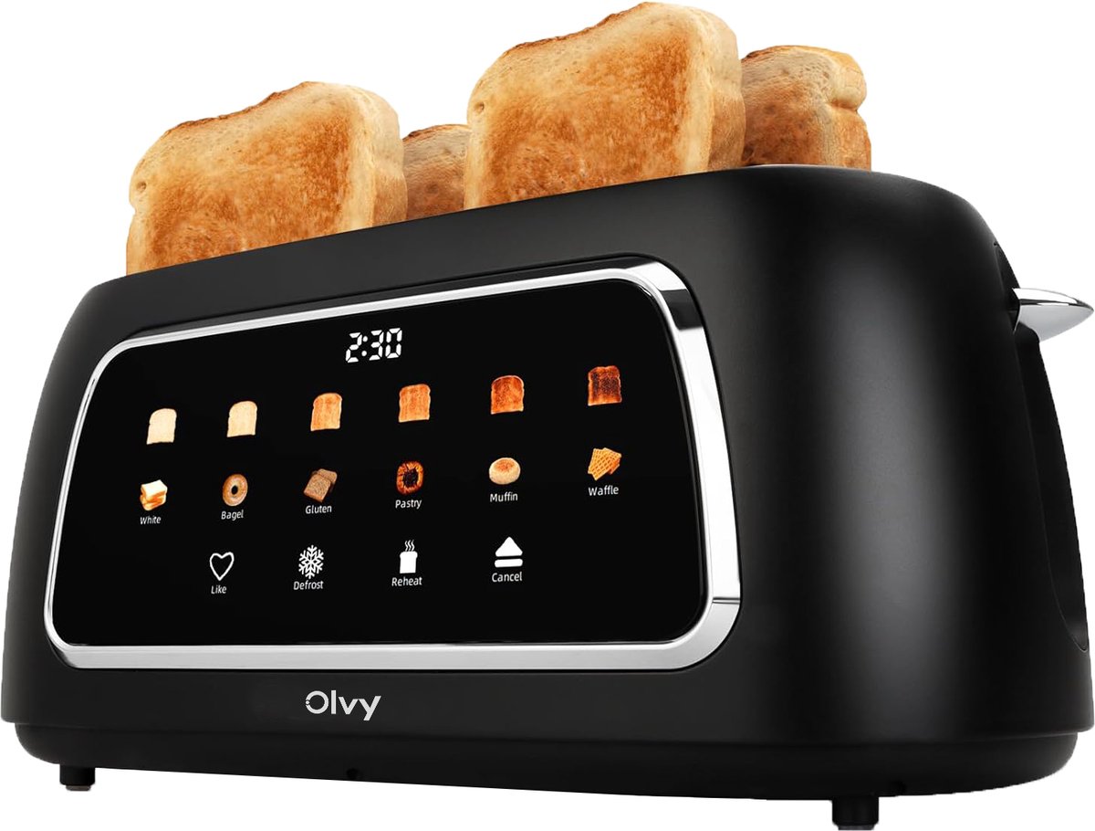 Olvy Broodrooster XL - Lange Sleuven - Timerfunctie - LCD Display - Kruimellade - Toaster - 1500W - Ontdooien & Opwarmen - Zwart