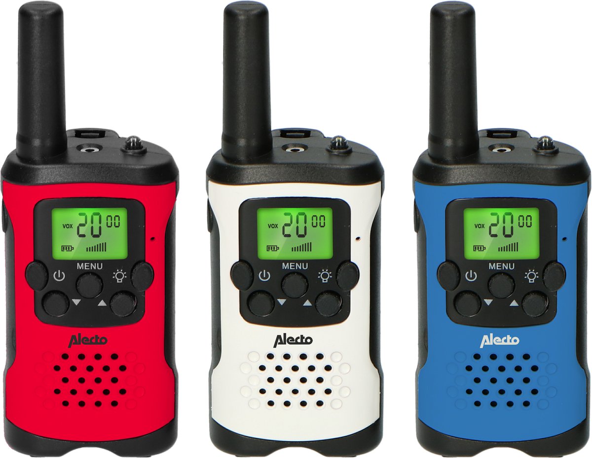 Alecto FR115 3x - Set van drie Walkie Talkies voor Kinderen - Bereik tot 5 km - Rood Wit en Blauw •