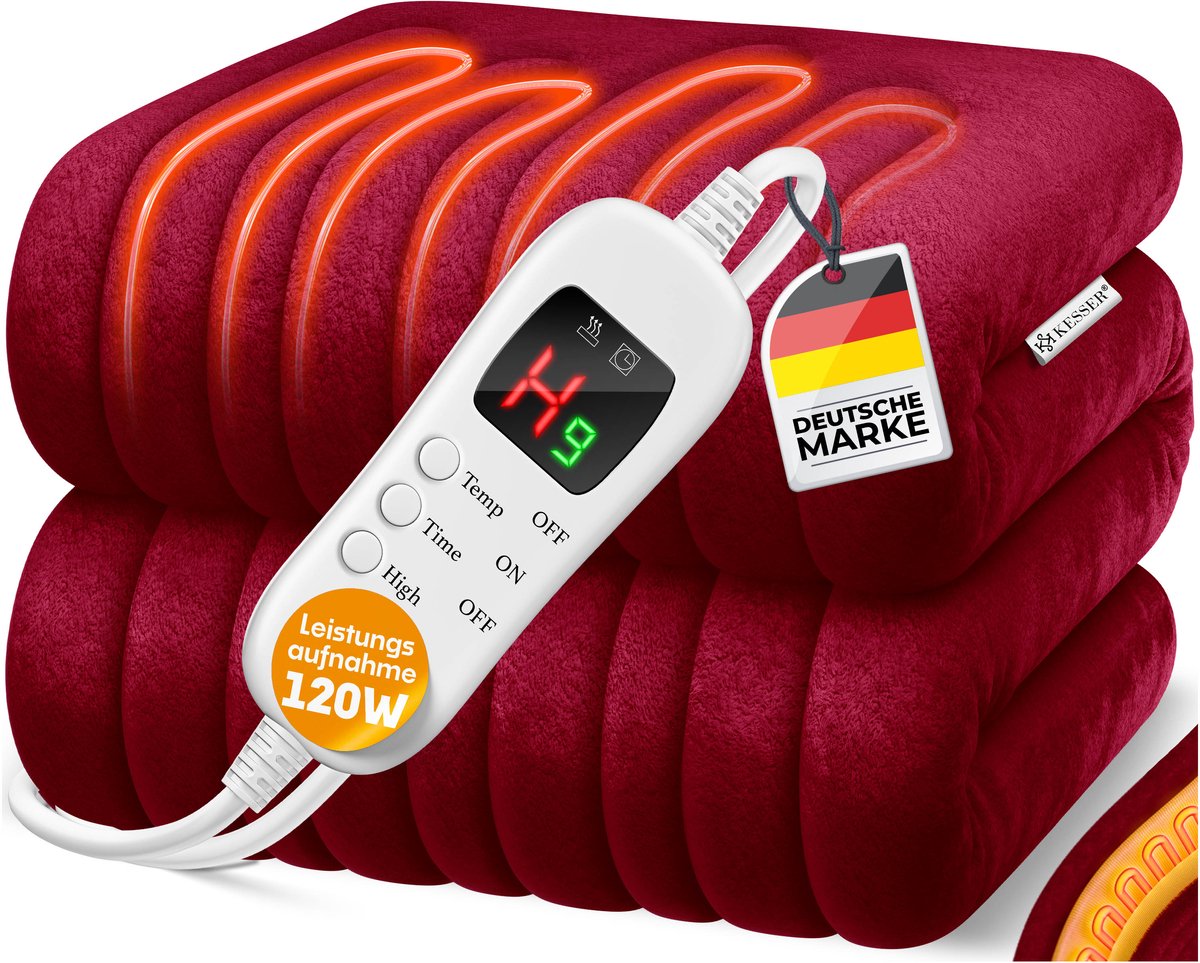 KESSER® Elektrische Warmtedeken | pluche elektrische onderdeken | Deken met timer die | automatisch uitschakelt | warmte-onderdeken | 9 temperatuurstanden - Bordeaux, XL (180 x 130 cm)